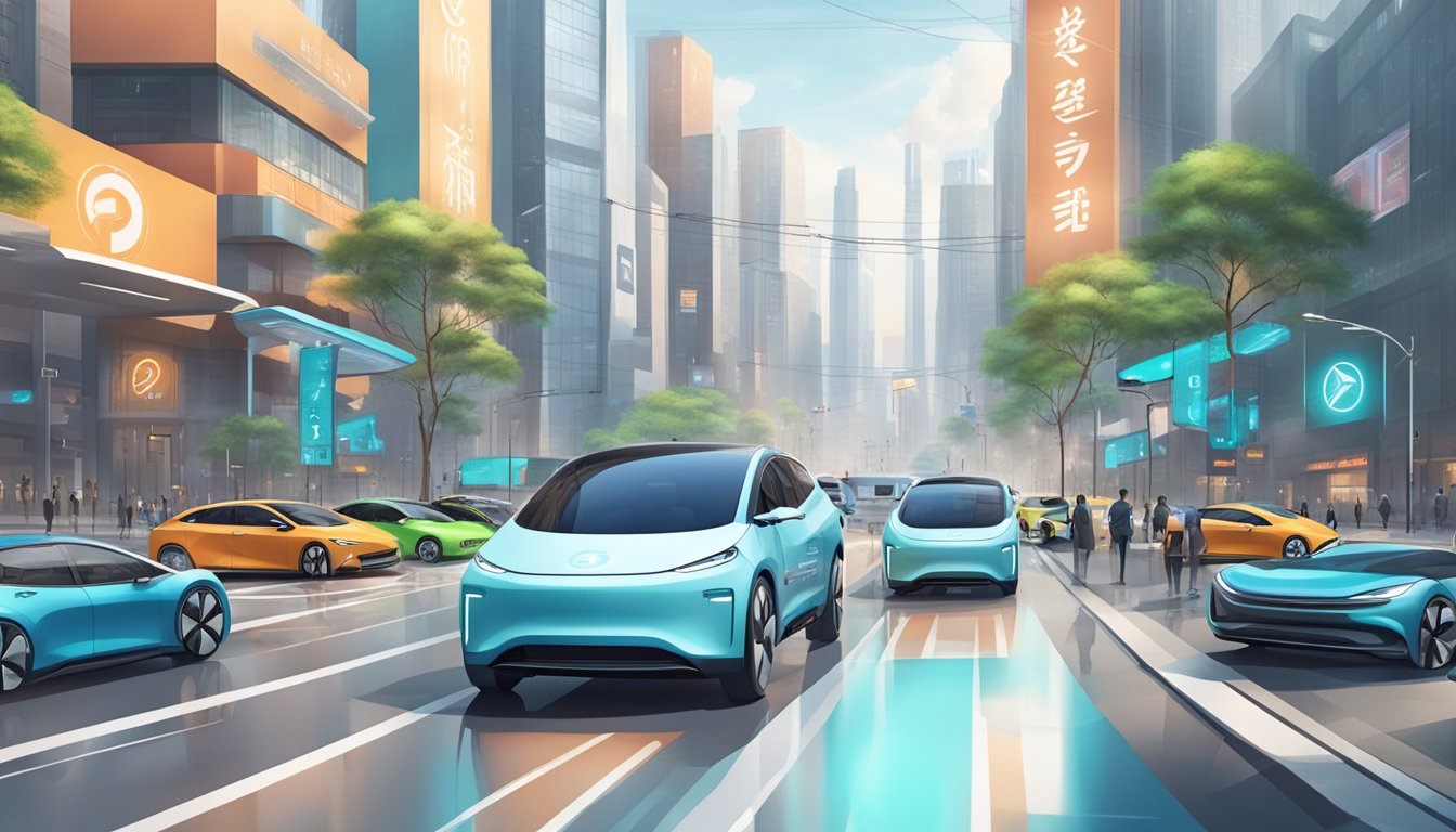 A bustling city street with sleek electric cars bearing Chinese brand logos, surrounded by high-tech charging stations and futuristic urban infrastructure