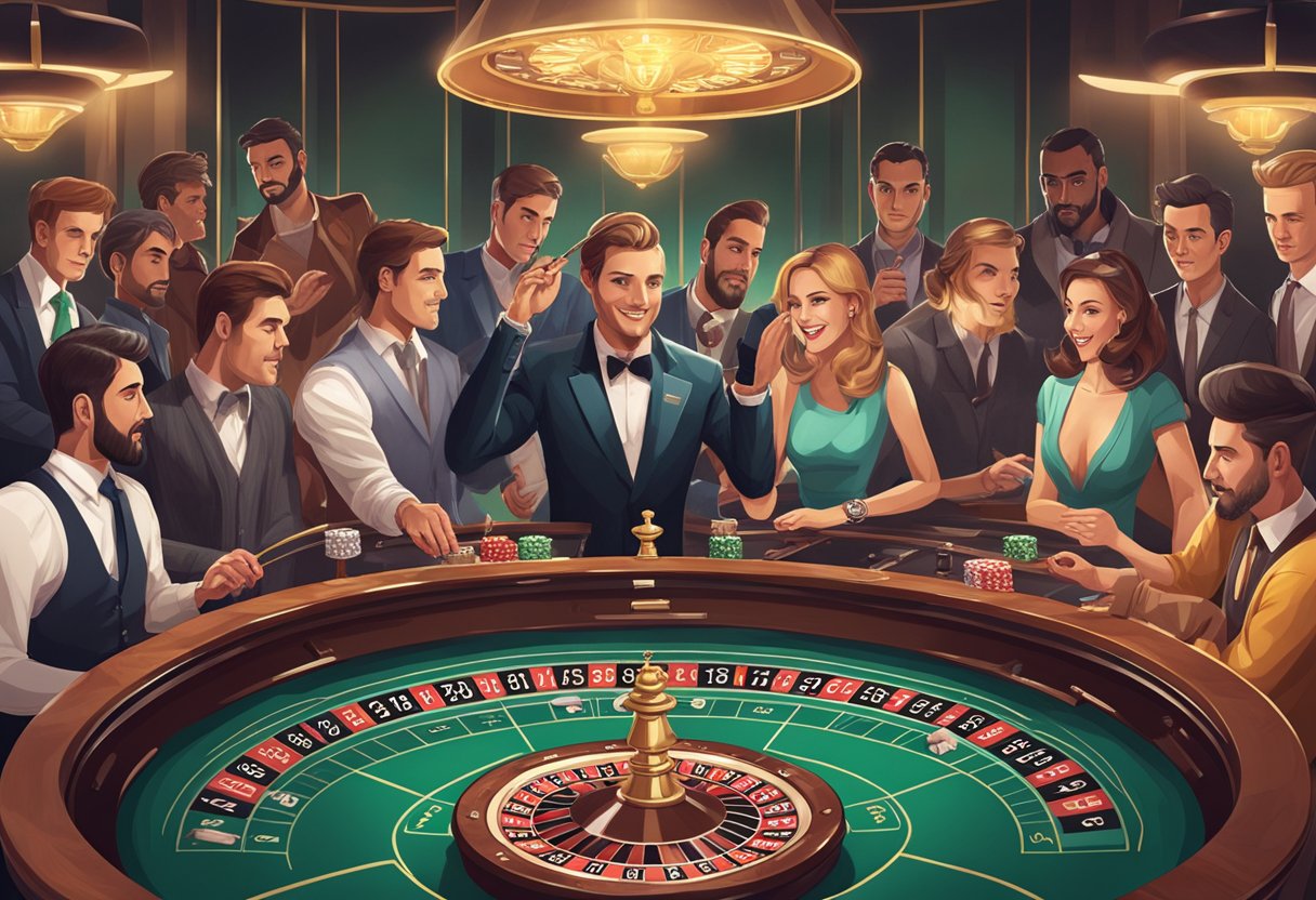 A roulette table with a regular wheel and a live dealer, surrounded by players placing bets and watching the wheel spin