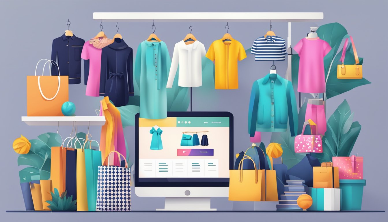 A crowded online shopping website with various fast fashion brands competing for attention, displaying trendy clothing items and offering discounts