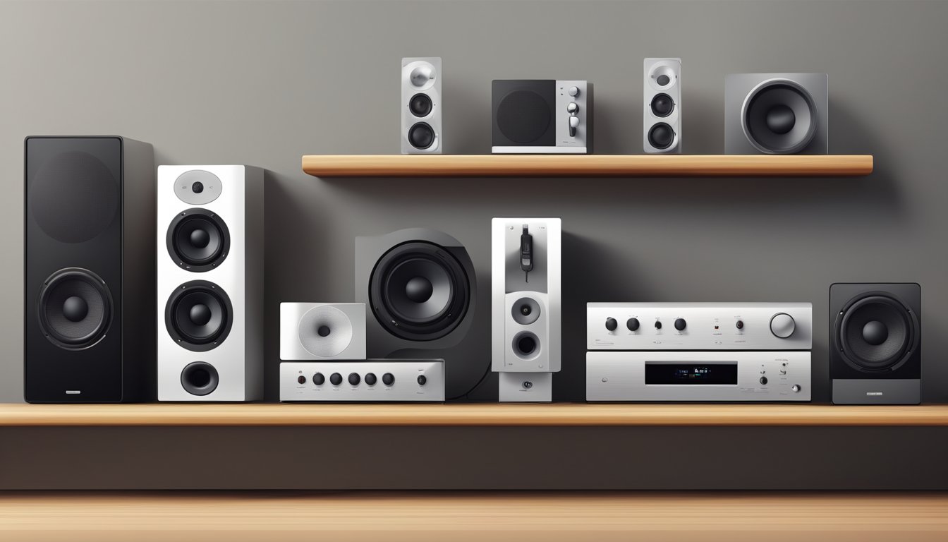 A row of sleek audio devices from British brands, including speakers, headphones, and amplifiers, displayed on a modern shelf
