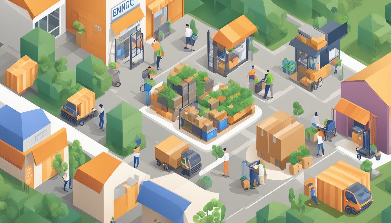 A bustling online marketplace with eco-friendly packaging, transparent supply chains, and fair labor practices