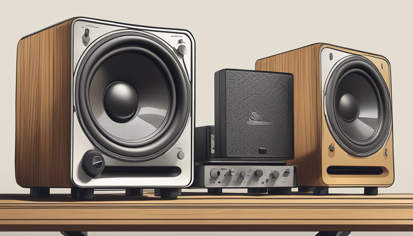 A sleek, modern audio speaker sits on a wooden table, surrounded by vintage audio equipment and design sketches. The brand logo is prominently displayed on the speaker's front grille