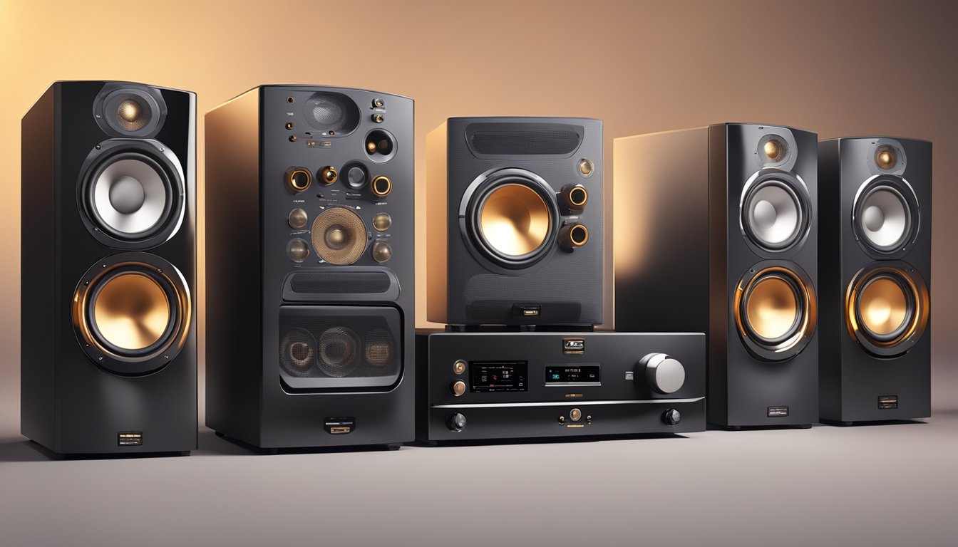 A sleek, modern sound system with British audio brand logos displayed prominently. High-performance speakers and amplifiers are connected, emitting a warm glow