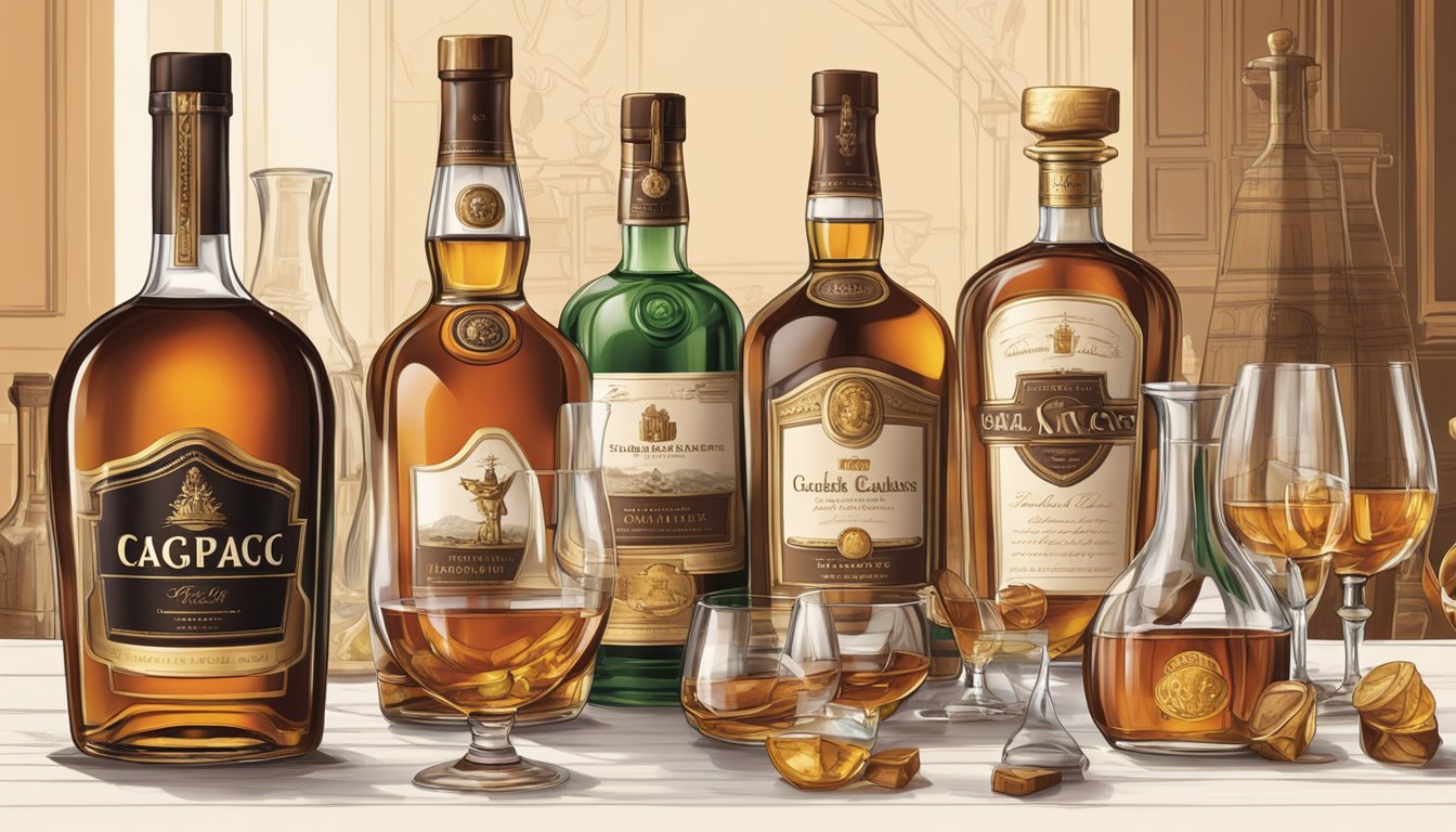 A table with various cognac bottles, each displaying distinct labels and shapes, surrounded by elegant glassware and a warm, inviting ambiance
