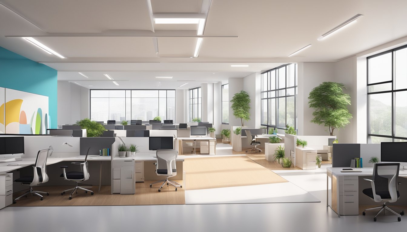 A modern office space with sleek branding materials and a logo prominently displayed on the wall. Bright, natural lighting illuminates the space