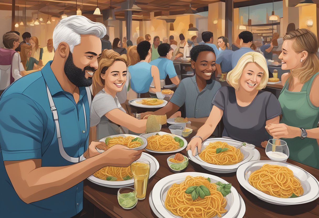 A bustling Orlando restaurant serves gluten-free pasta to a diverse group of tourists, highlighting the city's commitment to accommodating dietary restrictions in its vibrant dining scene