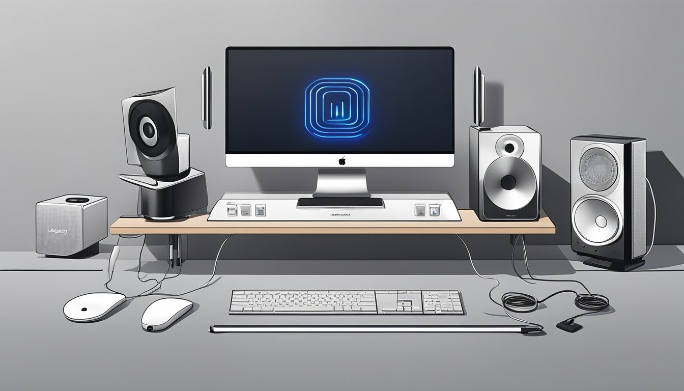 A modern, sleek audio device sits on a minimalist desk, surrounded by British audio brand logos. The device showcases cutting-edge innovation in audio technology