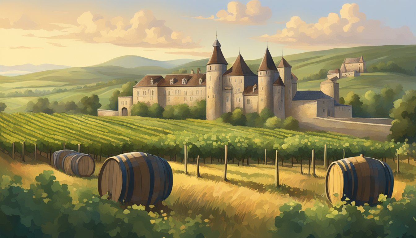 A rustic vineyard with rolling hills, old stone buildings, and barrels of aging cognac. A regal chateau overlooks the scene, showcasing the rich history and heritage of cognac brands