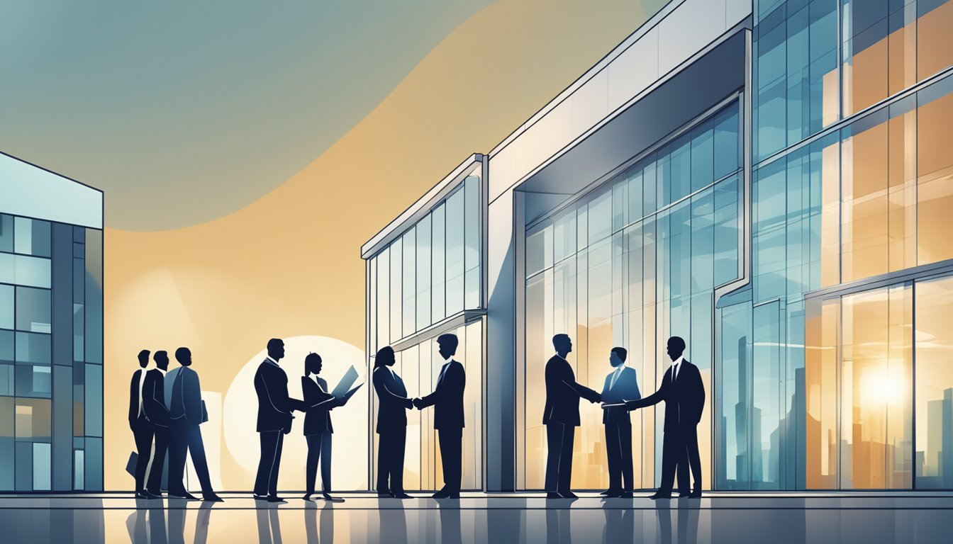 A group of business professionals shaking hands in front of a sleek office building with the company logo displayed prominently
