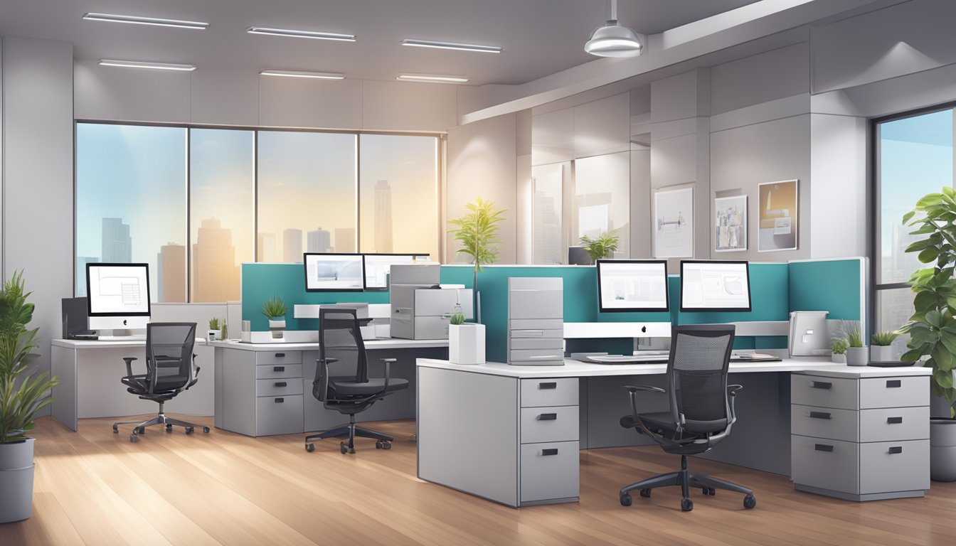 A modern office space with sleek furniture and branding materials displayed on shelves and walls. Computer screens and office supplies are neatly organized on desks