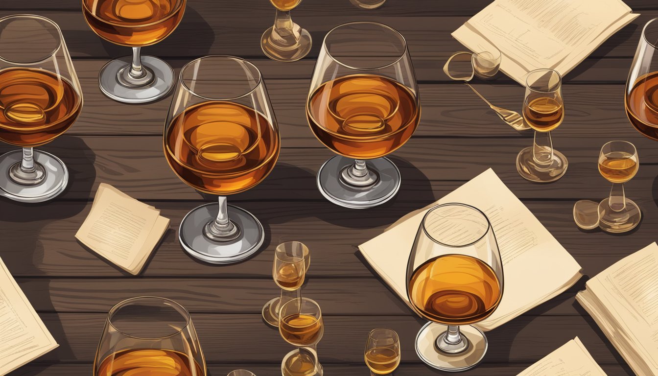 Glasses of cognac arranged with tasting notes and various cognac brands displayed on a wooden table