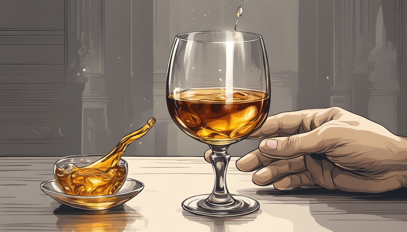 A hand reaches for a crystal glass filled with golden cognac. The rich amber liquid swirls as it is lifted to the lips, the aroma of the aged spirit filling the air