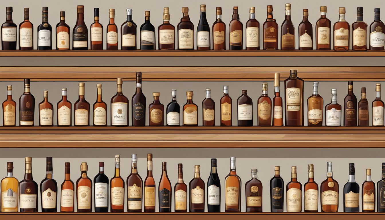 A shelf lined with various cognac bottles, each labeled with a different brand name. The bottles are neatly arranged, with some standing upright and others lying on their sides