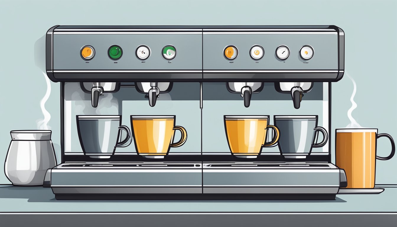A row of British coffee machines, sleek and modern, lined up on a countertop, steam rising from freshly brewed cups