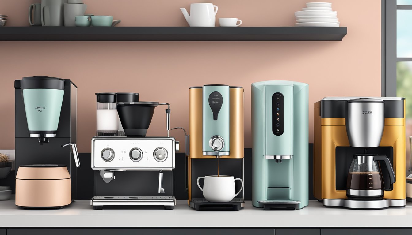 A row of sleek coffee machines from British brands, each with their unique design and features, lined up on a countertop in a modern kitchen setting