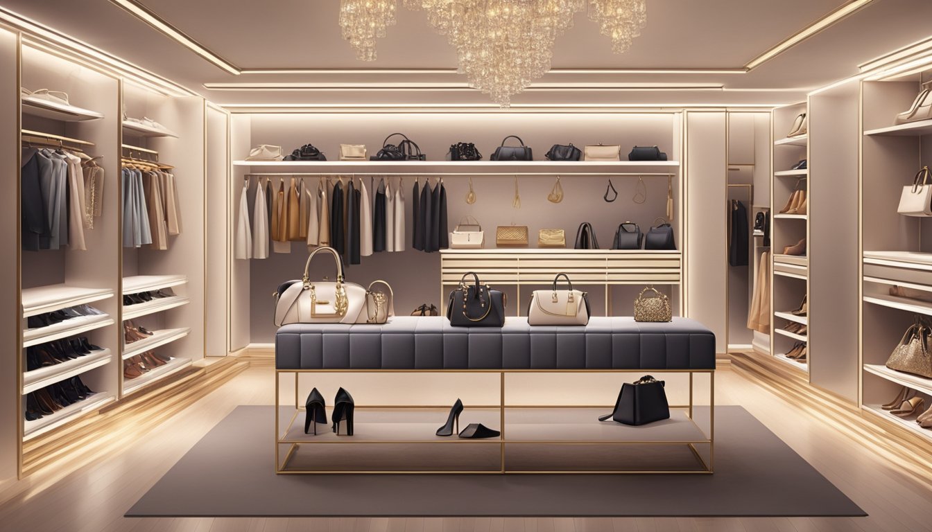 A lavish dressing room with designer handbags, shoes, and accessories displayed on shelves and racks. The room is elegantly decorated with soft lighting and luxurious fabrics