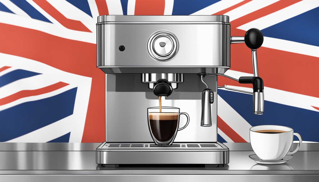 A British coffee machine sits on a sleek countertop, adorned with a Union Jack flag. Steam rises from the spout as a rich espresso is poured into a porcelain cup