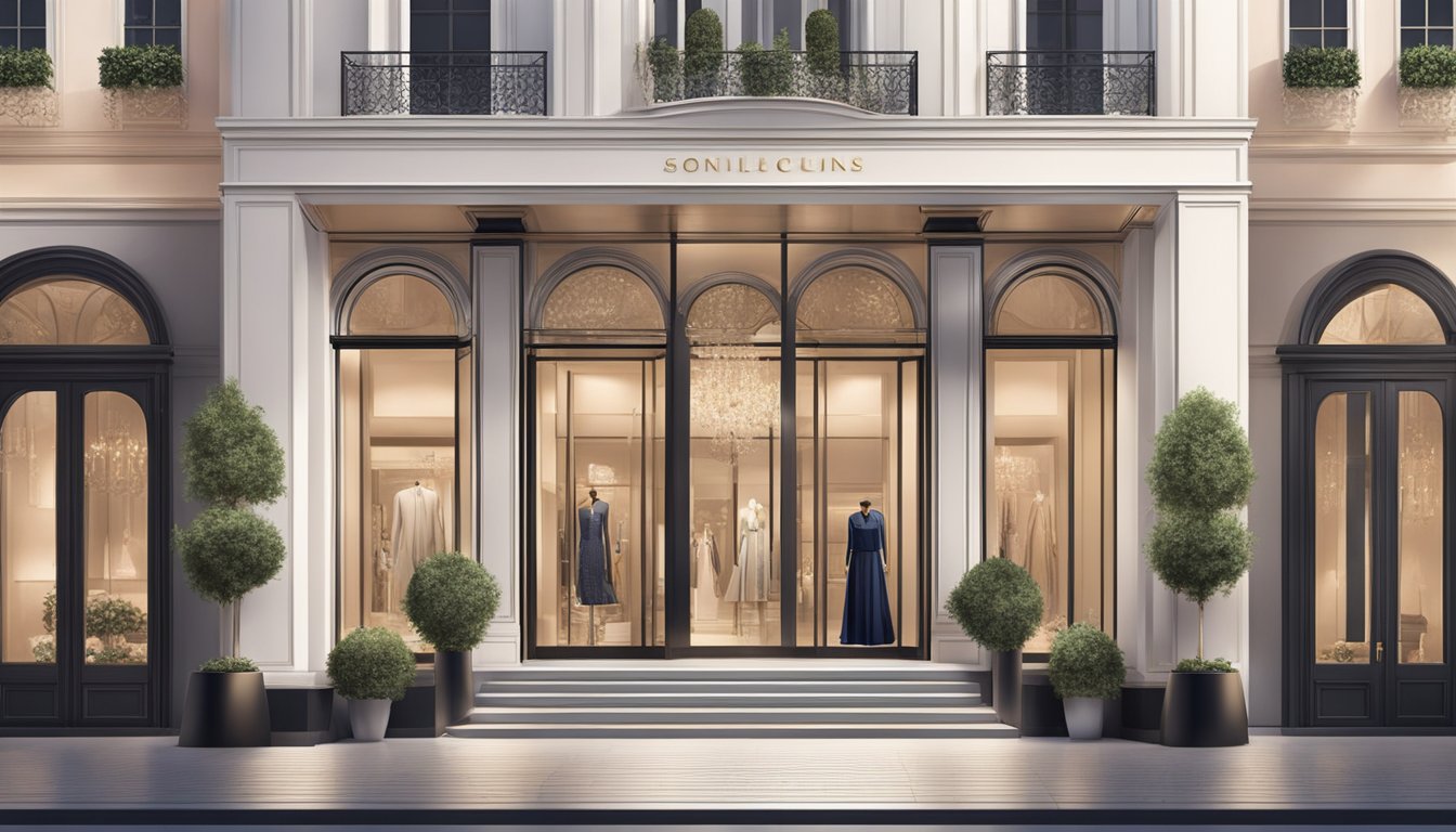 A grand entrance of iconic female luxury fashion houses, with elegant storefronts and glamorous window displays