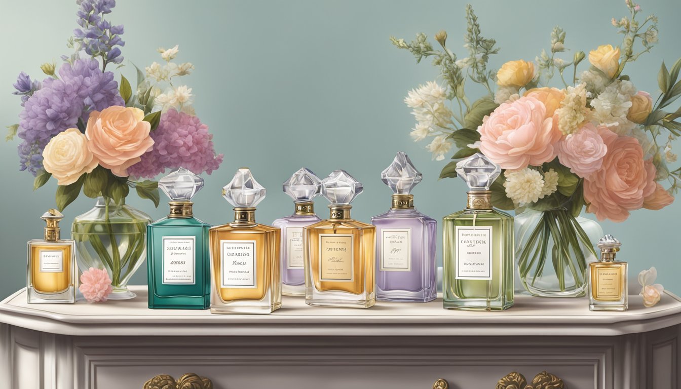 A display of iconic British perfume bottles arranged on a vintage vanity table, surrounded by floral arrangements and elegant packaging
