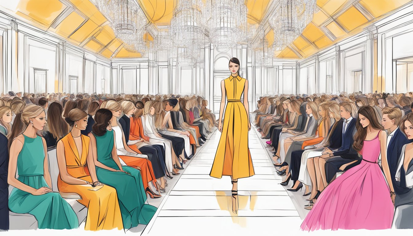 A runway show featuring elegant, modern designs from top female luxury brands, with bold colors and intricate details