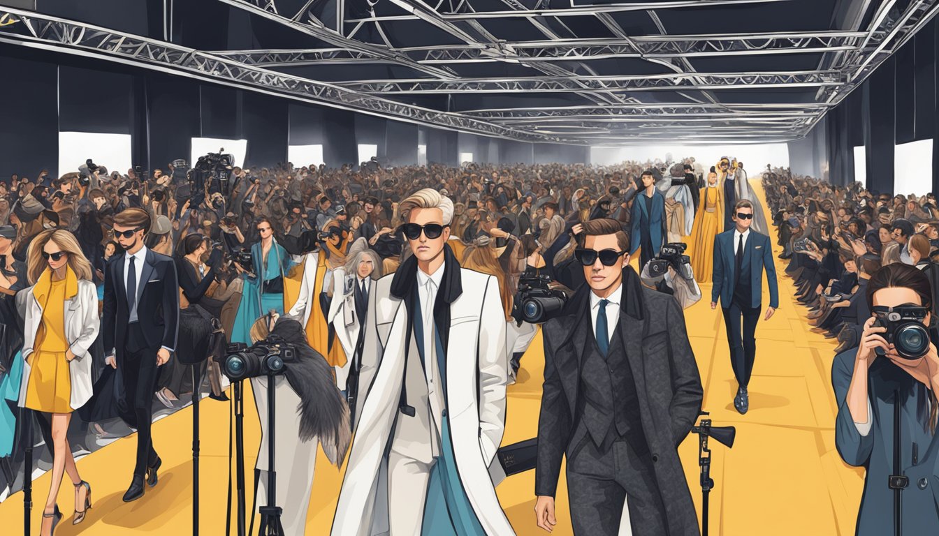 A runway with luxury brand logos and paparazzi cameras capturing the influence of celebrity on fashion