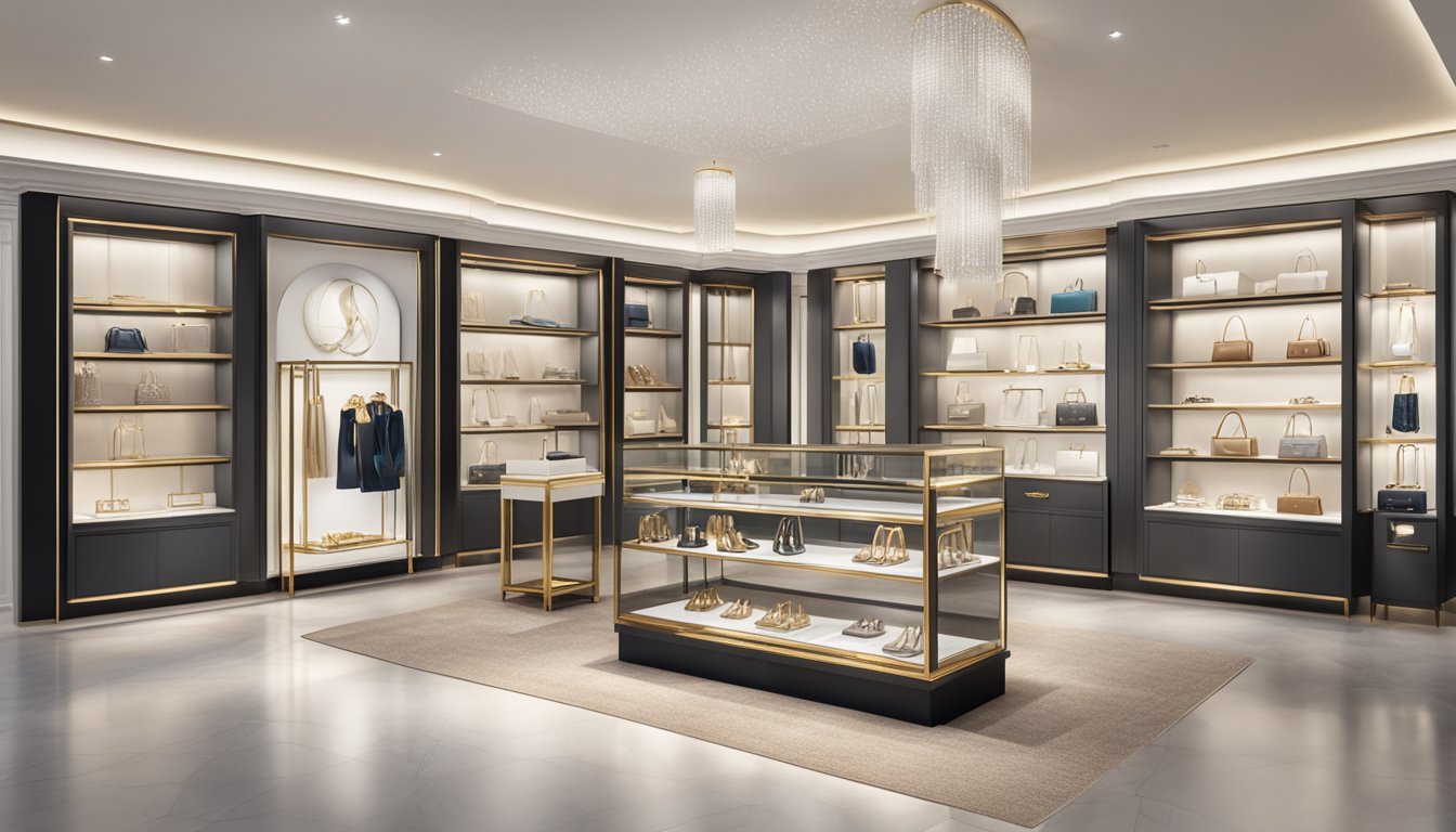 A luxurious display of high-end accessories from top female luxury brands. Sparkling jewelry, elegant handbags, and designer scarves are artfully arranged on a sleek, modern display case
