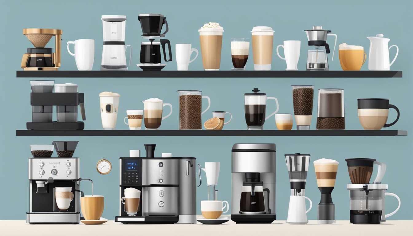A variety of British coffee machine brands sit on a sleek countertop, surrounded by an assortment of accessories and enhancements, including milk frothers, coffee grinders, and stylish mugs
