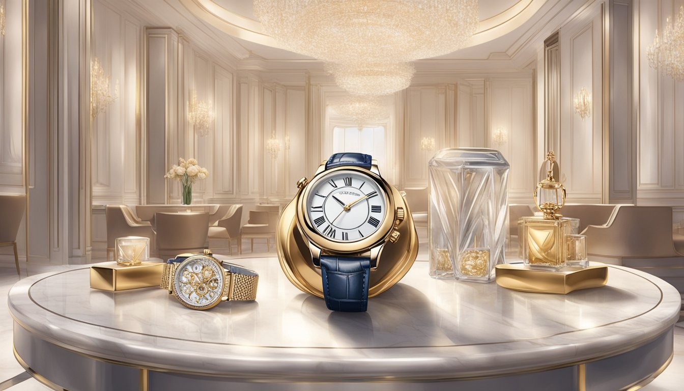 A luxurious watch and elegant handbag sit on a sleek marble table, surrounded by soft lighting and opulent decor. The scene exudes sophistication and timeless beauty