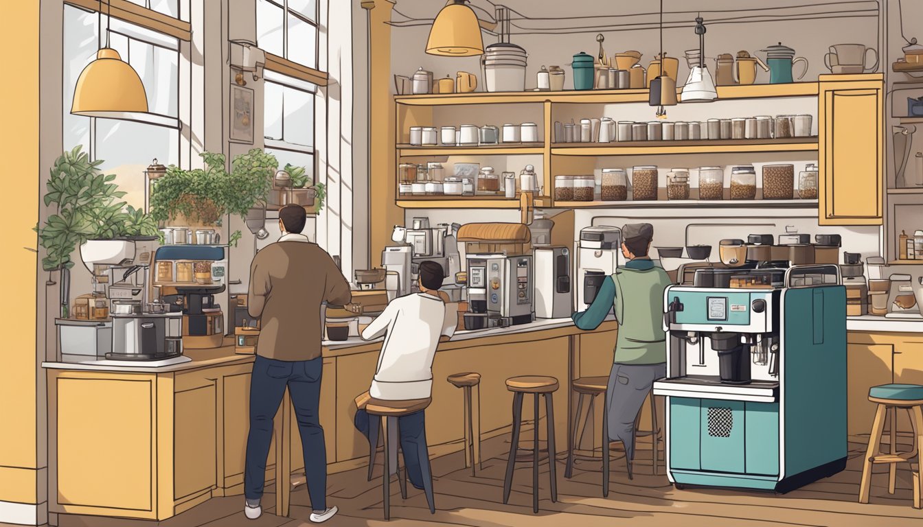 A bustling café with British coffee machine brands on display, surrounded by cozy home setups with the same machines, showcasing their impact on both home and café culture