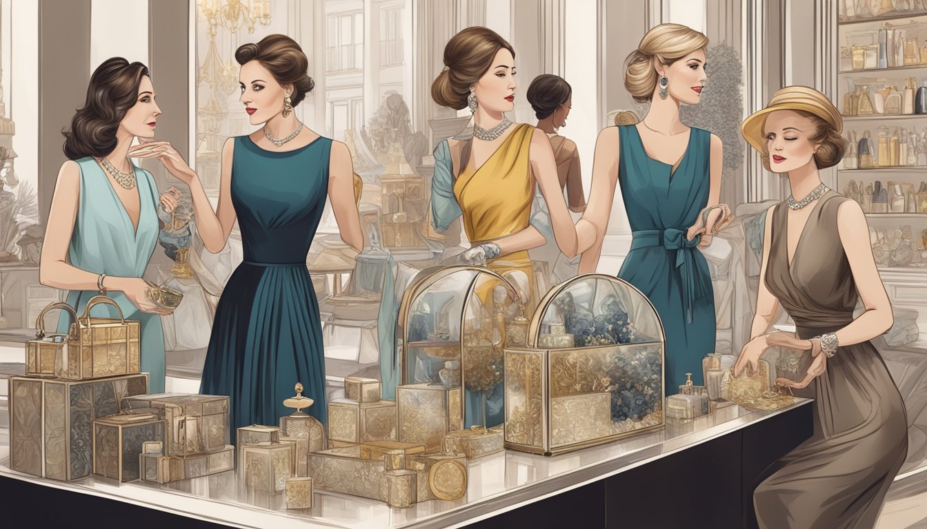 A group of elegant, sophisticated women browsing through a collection of luxury products, with a focus on their expressions of curiosity and interest