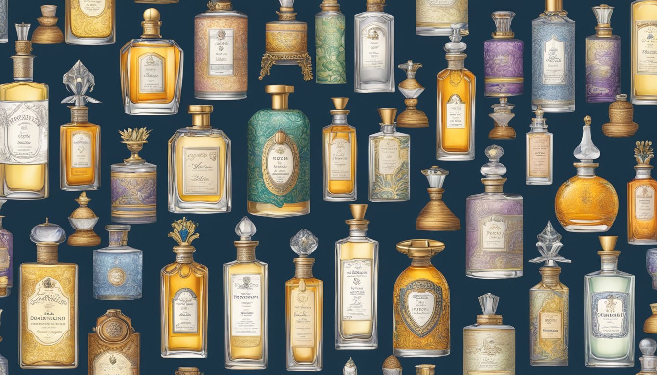 A table adorned with various British perfume bottles, each exuding a unique and captivating scent. Labels proudly display the names of renowned British perfume brands