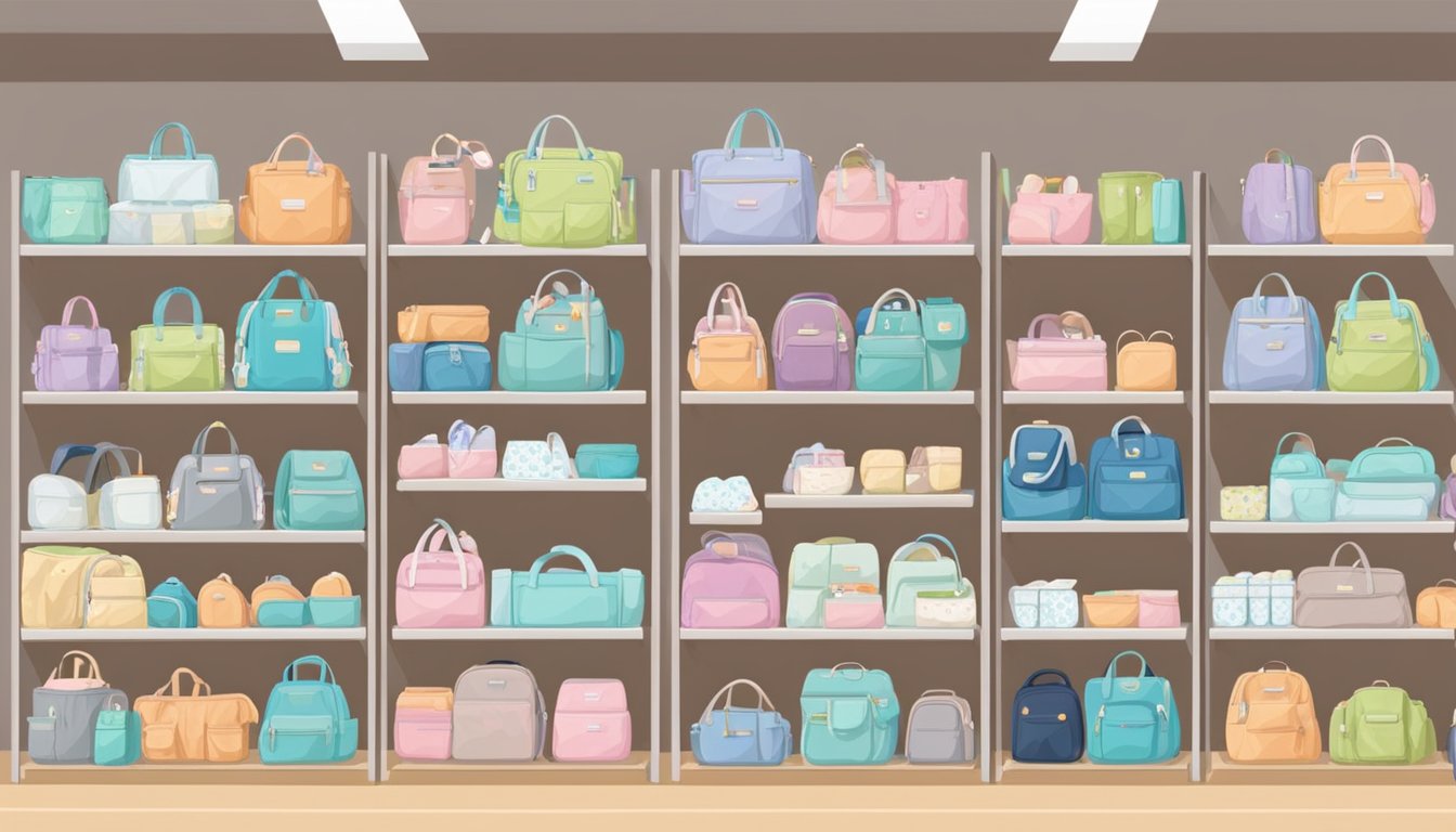 A variety of diaper bag brands displayed on shelves in a store. Different sizes, colors, and styles are visible, showcasing the range of options available to parents