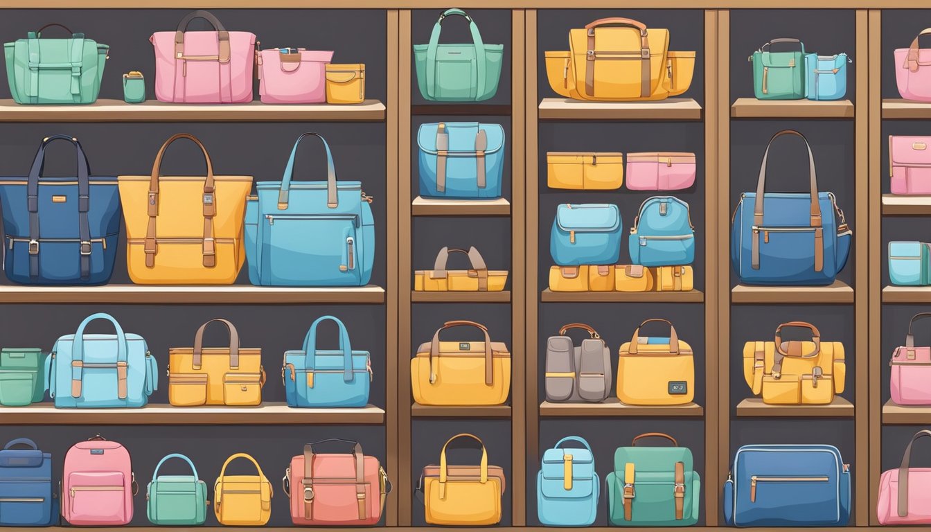 A variety of diaper bags in different shapes, sizes, and colors displayed on a shelf in a store. Brand logos are prominently featured on the bags