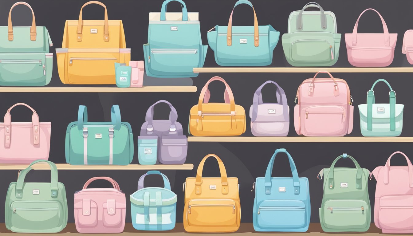 A variety of diaper bags from different brands displayed on a shelf in a store