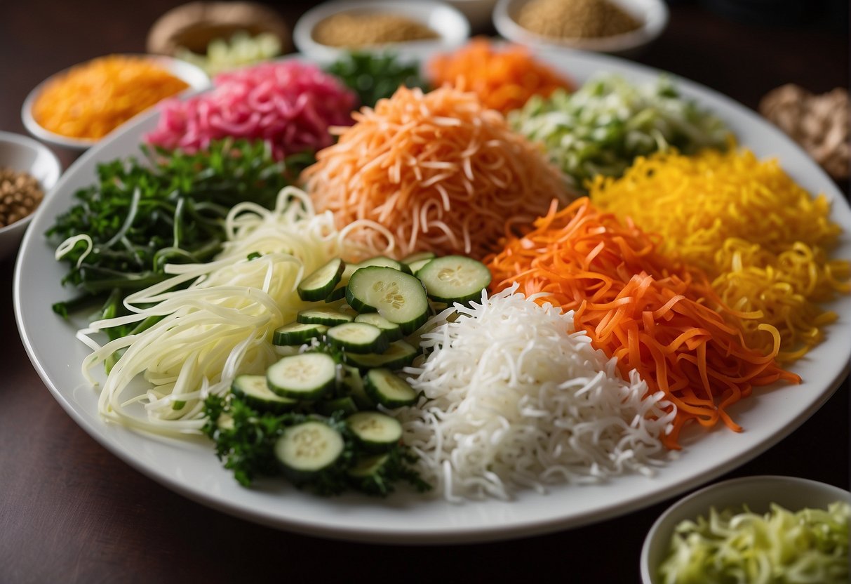 A colorful array of shredded vegetables, raw fish slices, and various condiments arranged on a large plate, ready to be mixed together for a traditional Chinese yu sheng dish