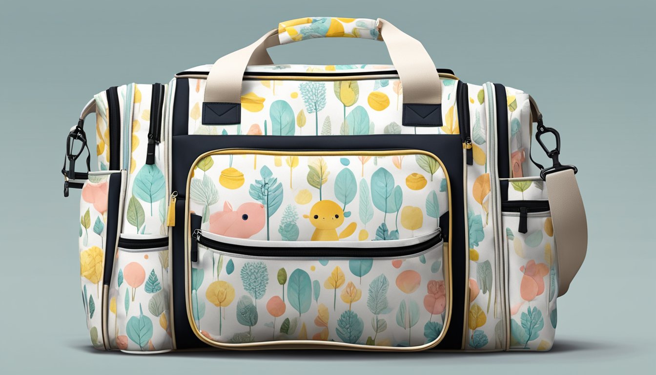 A diaper bag with multiple compartments and insulated pockets, designed for storing baby essentials