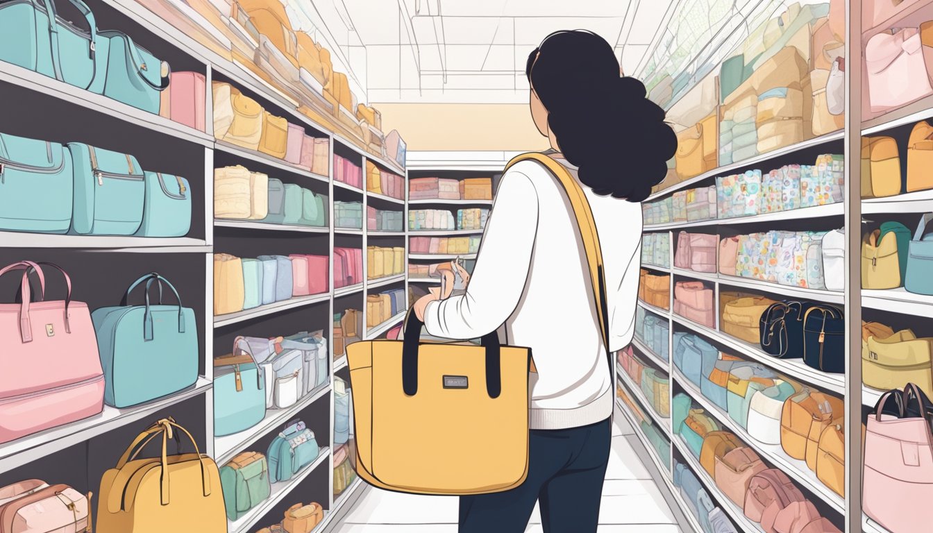 A person reaches for a stylish diaper bag on a store shelf, surrounded by various brands and designs