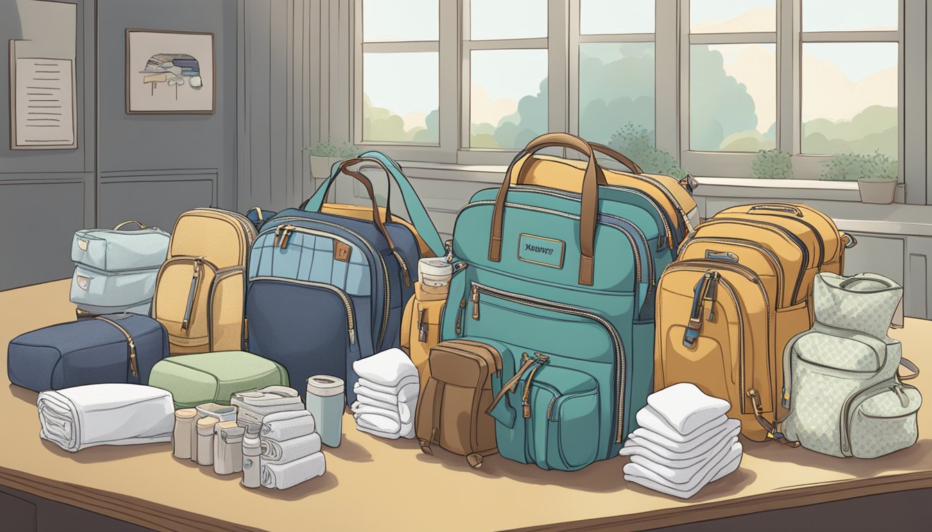 A table with various diaper bag brands displayed, with a sign reading "Frequently Asked Questions" above them
