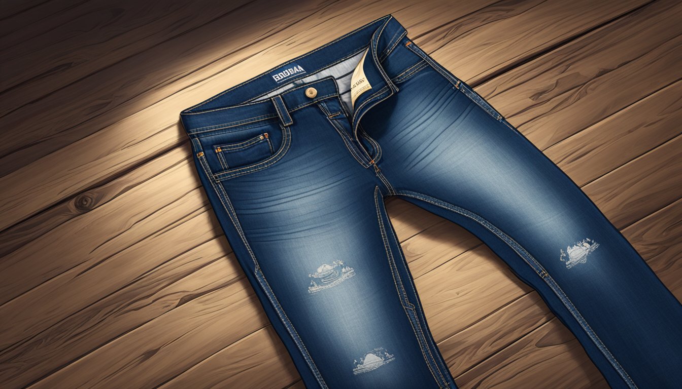 A pair of Buddha brand jeans laid out on a rustic wooden table, with a soft spotlight highlighting the intricate stitching and unique logo