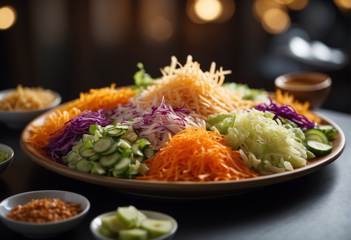 Colorful array of shredded vegetables, pickled ginger, pomelo, and crispy crackers arranged in a large platter, ready for tossing in the traditional Chinese Yu Sheng salad
