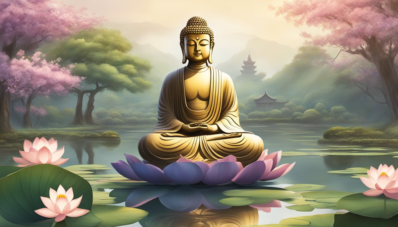 A serene Buddha statue stands in a tranquil garden, surrounded by blooming lotus flowers and ancient scriptures