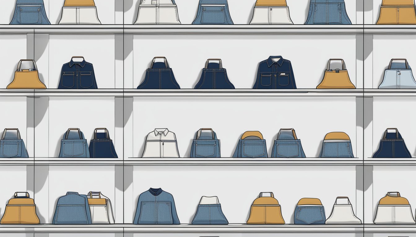 A pair of Buddha brand jeans displayed on a minimalist, modern shelf against a clean, white backdrop. The focus is on the intricate stitching and logo design, with careful attention to symmetry and balance