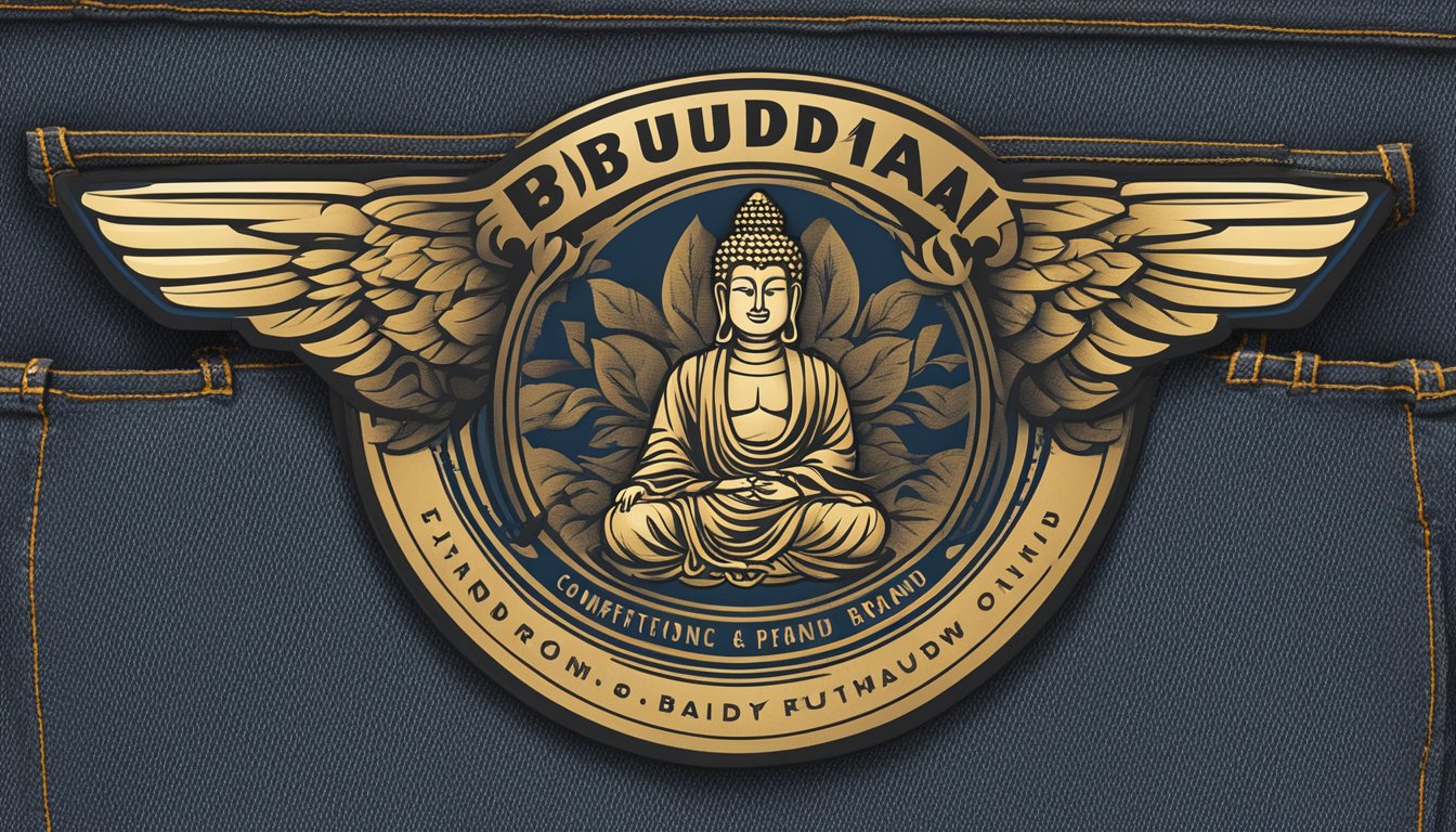 A pair of Comfort and Fit Buddha brand jeans laid out flat with the brand logo prominently displayed on the back pocket