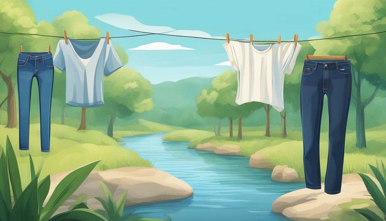A serene landscape with lush greenery, flowing rivers, and a clear blue sky. A pair of jeans made from sustainable materials is hanging on a clothesline, symbolizing eco-friendly fashion