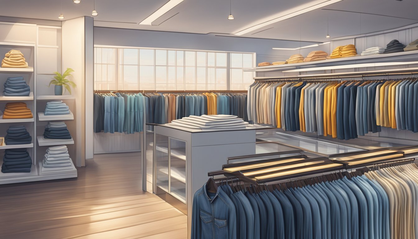 A brightly lit store with rows of neatly folded Buddha brand jeans on display, with a modern and stylish atmosphere