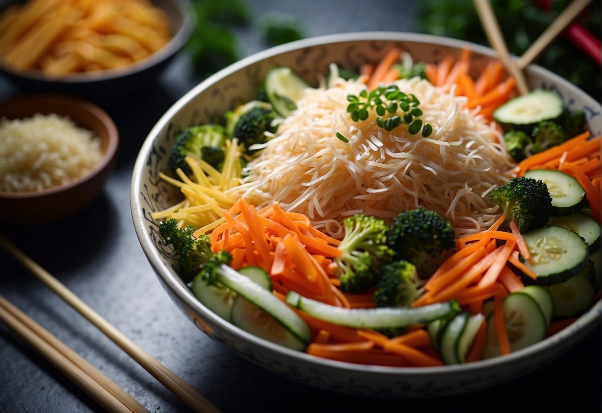 A colorful array of shredded vegetables and raw fish arranged in a large bowl, with chopsticks poised to toss the ingredients together in a vibrant display