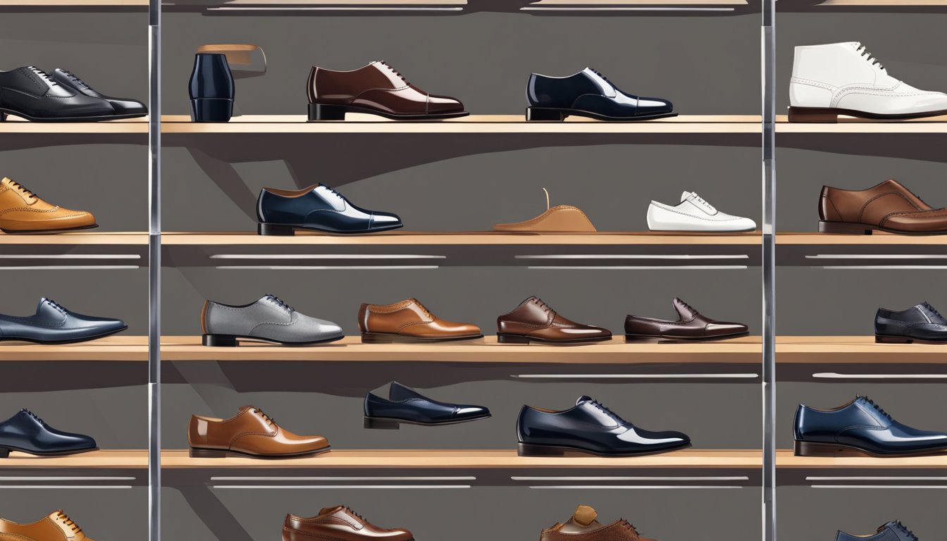 Various business shoe brands displayed on shelves in a modern, well-lit store. Classic oxfords, sleek loafers, and polished brogues are neatly arranged for customers to browse