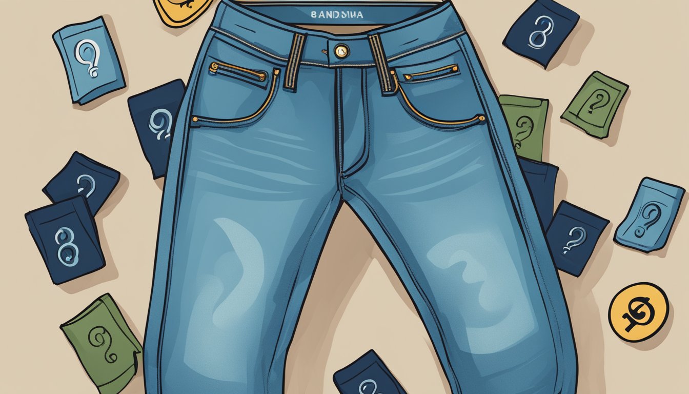 A pair of Buddha brand jeans surrounded by a circle of question marks, representing the frequently asked questions about the product