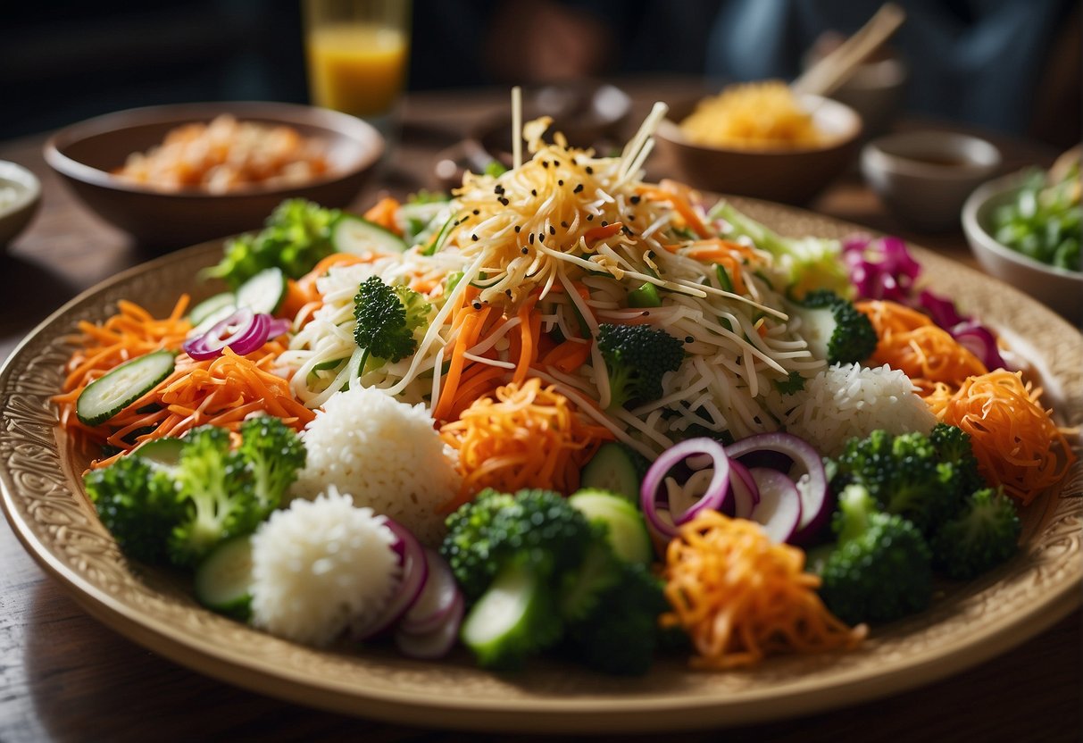 Colorful array of shredded vegetables, raw fish, and crispy toppings arranged in an ornate dish, surrounded by eager diners wielding chopsticks