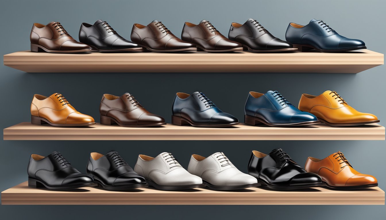 A lineup of classic business shoes on a sleek display stand, showcasing various renowned footwear brands
